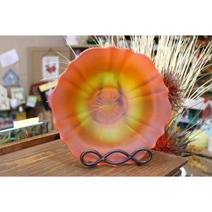 Tiffin Glass 10" Aurora Amberina Orange Ruffled Brim Dish Bowl